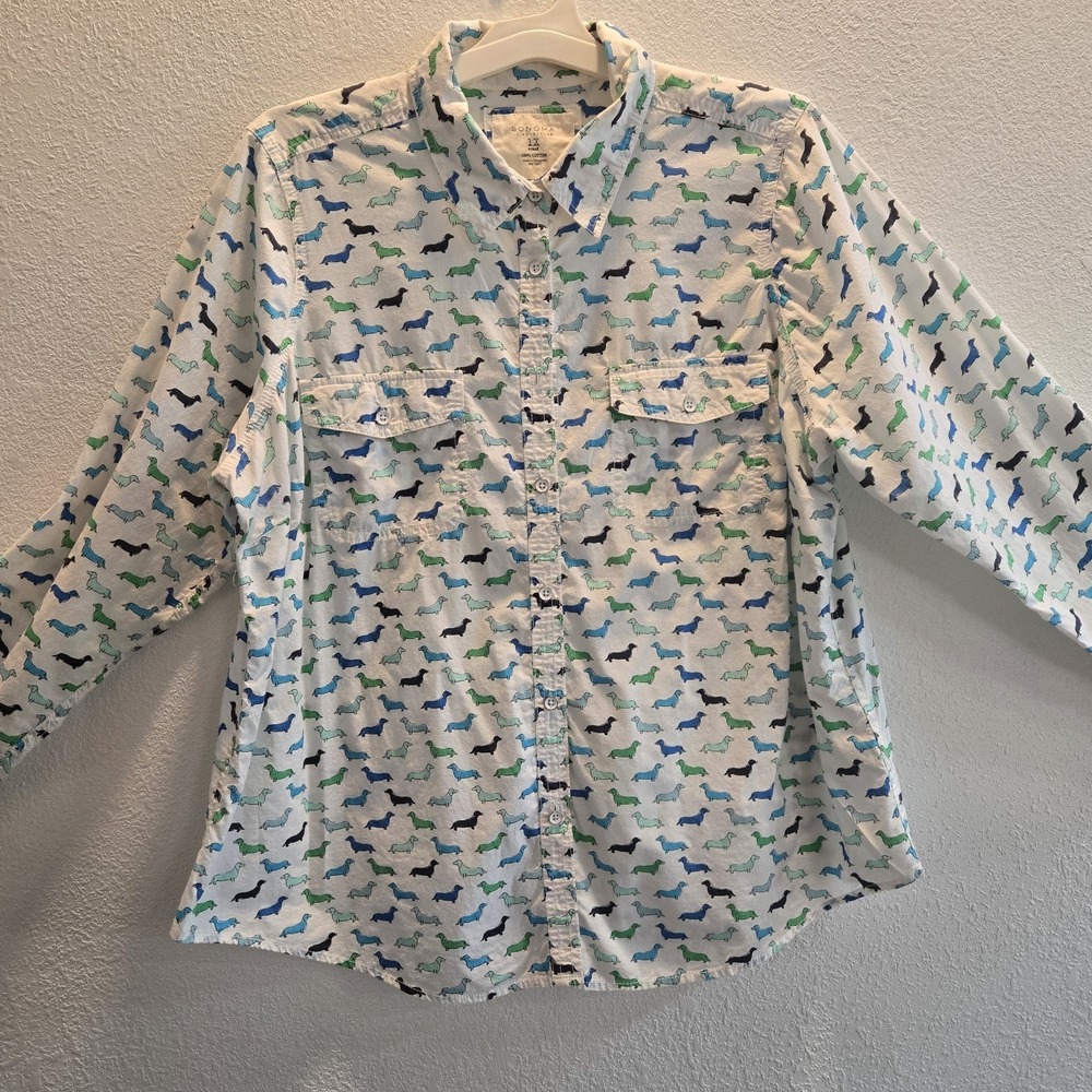 Sonoma 1X Dachshund Print Button Up Shirt Womens Wiener Dog Cotton Blouse